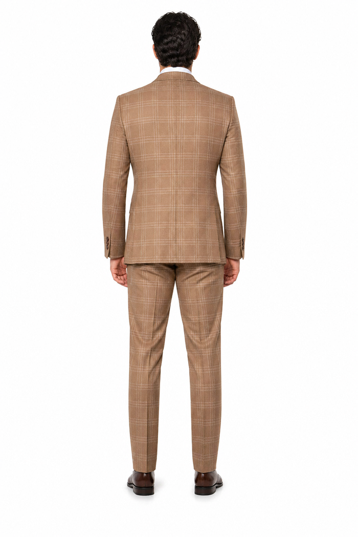 Men's Tan Plaid Double-Breasted Suit by Rossiman