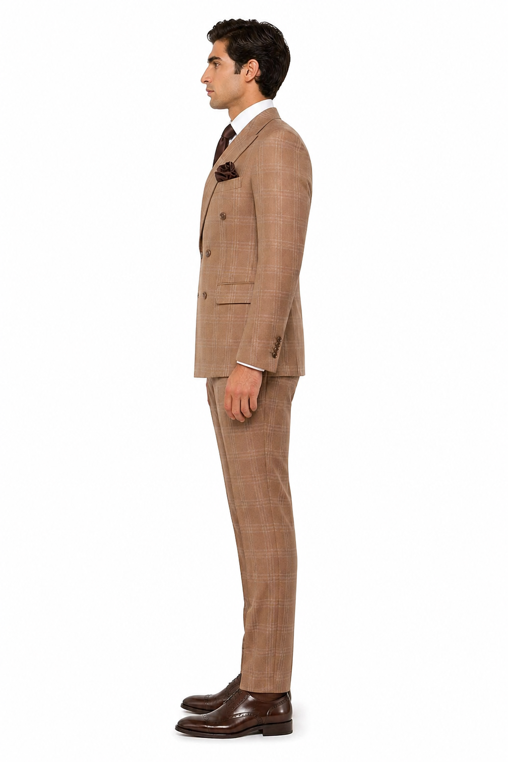 Men's Tan Plaid Double-Breasted Suit by Rossiman