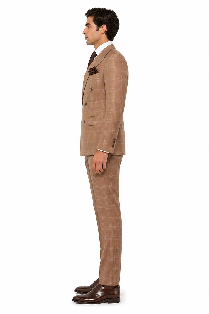 Men's Tan Plaid Double-Breasted Suit by Rossiman