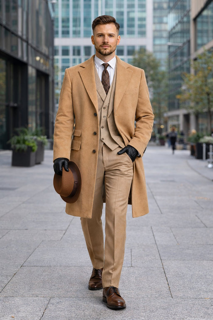 Michael Gray Tan Suit & Camel Overcoat Costume