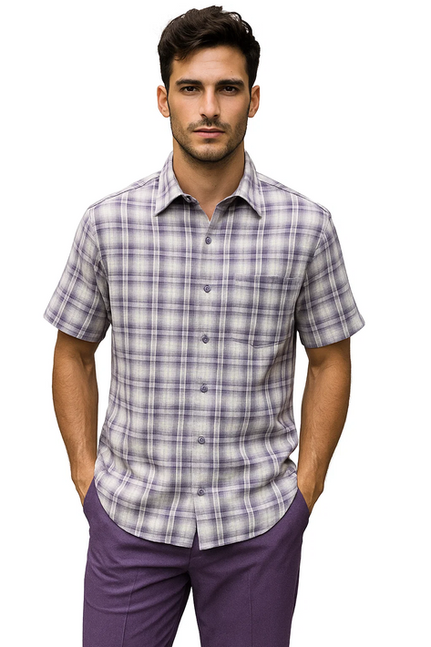 Mens Textured Plaid Walking Suit in lavender/off white by Dreams by Zacchi – 2 Piece Leisure Outfit with matching shirt and pant --$99