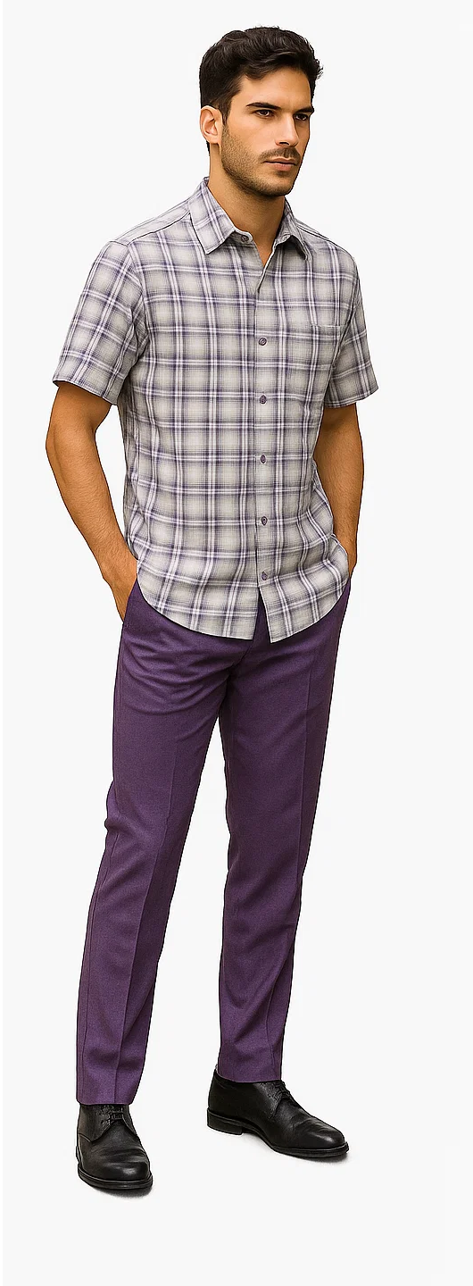 Mens Textured Plaid Walking Suit in lavender/off white by Dreams by Zacchi – 2 Piece Leisure Outfit with matching shirt and pant --$99