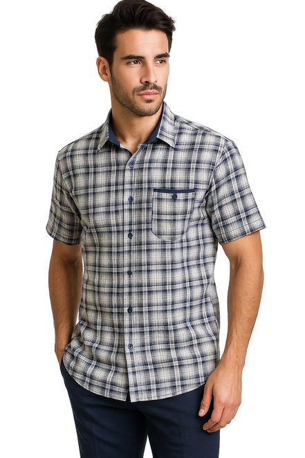 Mens Textured Plaid Walking Suit in navy/white by Dreams by Zacchi – 2 Piece Leisure Outfit with matching shirt and pant --$99