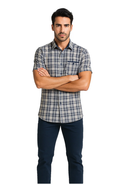 Mens Textured Plaid Walking Suit in navy/white by Dreams by Zacchi – 2 Piece Leisure Outfit with matching shirt and pant --$99