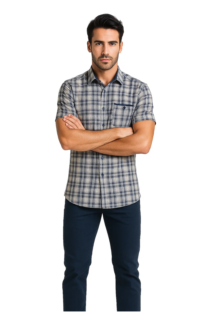 Mens Textured Plaid Walking Suit in navy/white by Dreams by Zacchi – 2 Piece Leisure Outfit with matching shirt and pant --$99