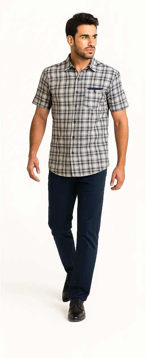 Mens Textured Plaid Walking Suit in navy/white by Dreams by Zacchi – 2 Piece Leisure Outfit with matching shirt and pant --$99