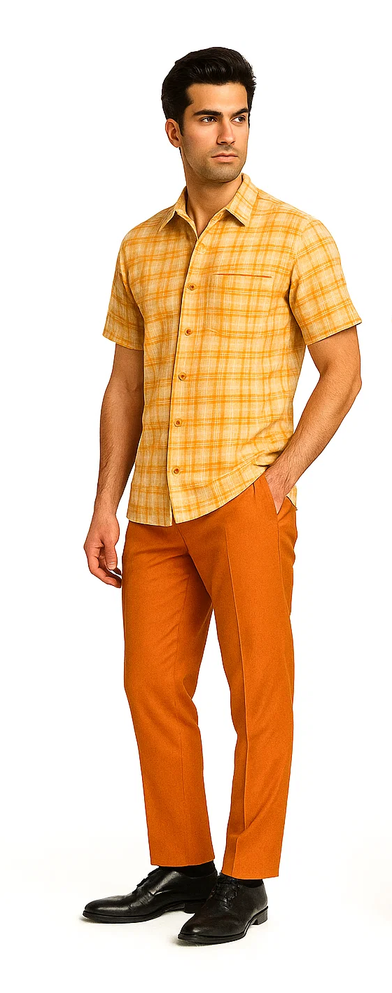 Mens Textured Plaid Walking Suit in orange/cream  by Dreams by Zacchi – 2 Piece Leisure Outfit with matching shirt and pant --$99