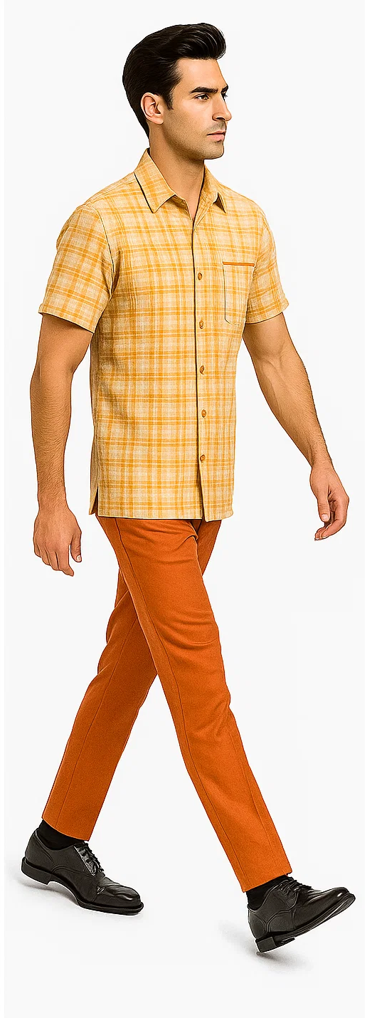 Mens Textured Plaid Walking Suit in orange/cream  by Dreams by Zacchi – 2 Piece Leisure Outfit with matching shirt and pant --$99