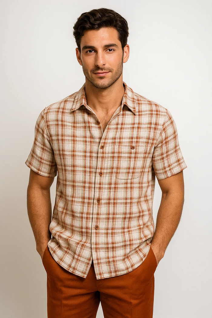 Mens Textured Plaid Walking Suit in papaya/cream by Dreams by Zacchi – 2 Piece Leisure Outfit with matching shirt and pant --$99