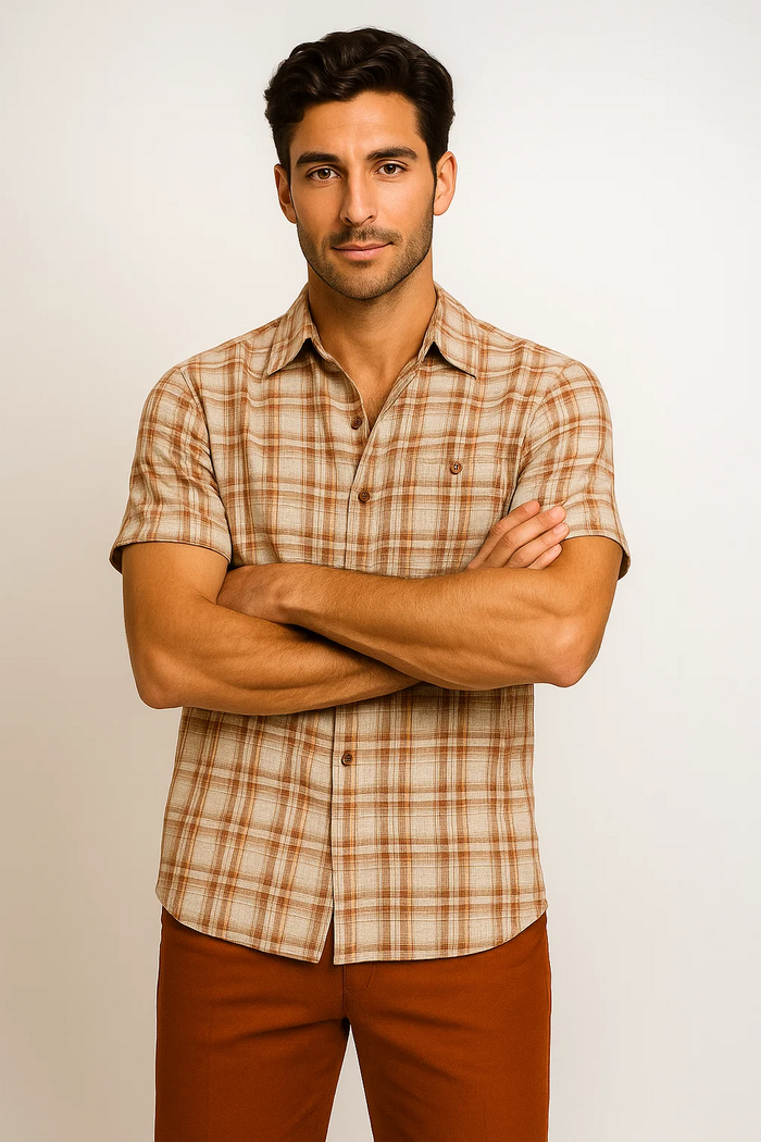 Mens Textured Plaid Walking Suit in papaya/cream by Dreams by Zacchi – 2 Piece Leisure Outfit with matching shirt and pant --$99
