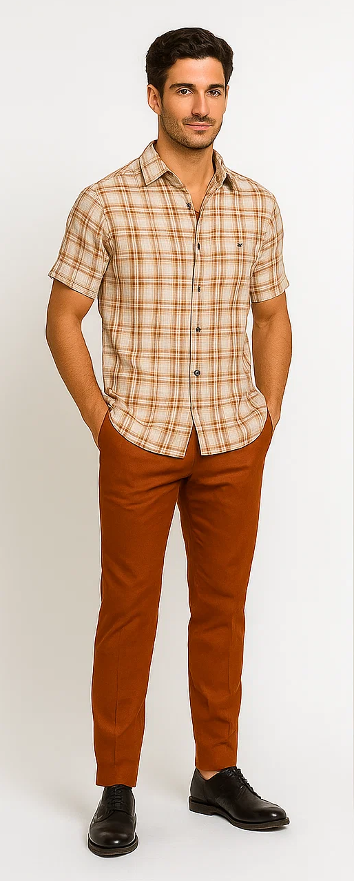 Mens Textured Plaid Walking Suit in papaya/cream by Dreams by Zacchi – 2 Piece Leisure Outfit with matching shirt and pant --$99
