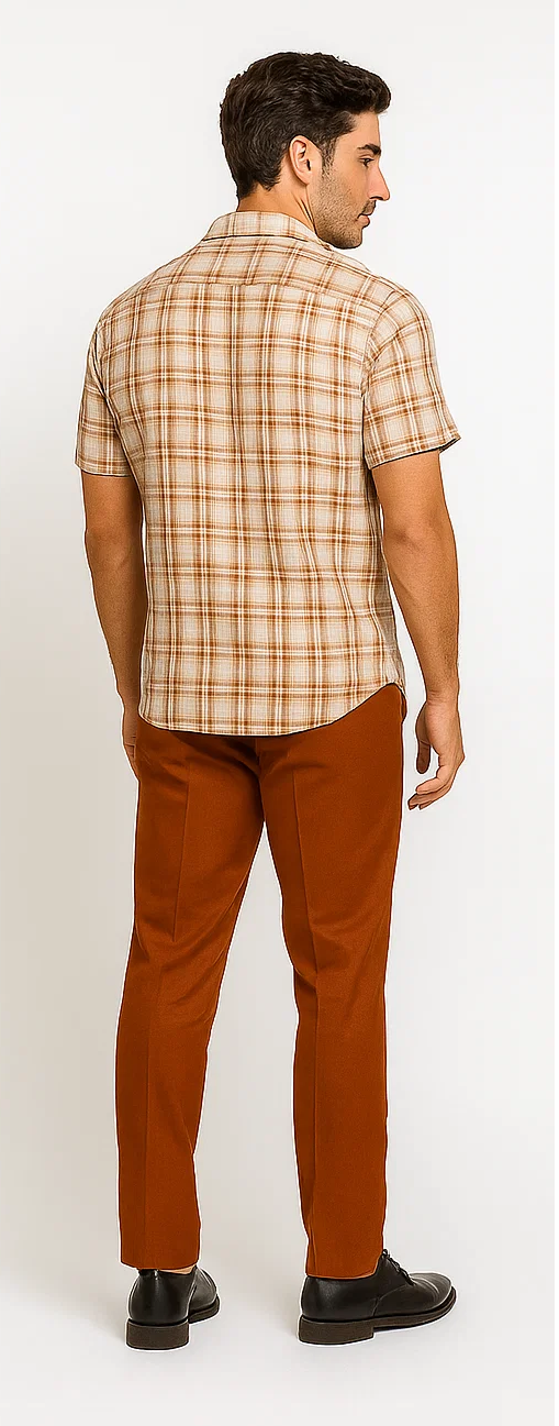 Mens Textured Plaid Walking Suit in papaya/cream by Dreams by Zacchi – 2 Piece Leisure Outfit with matching shirt and pant --$99