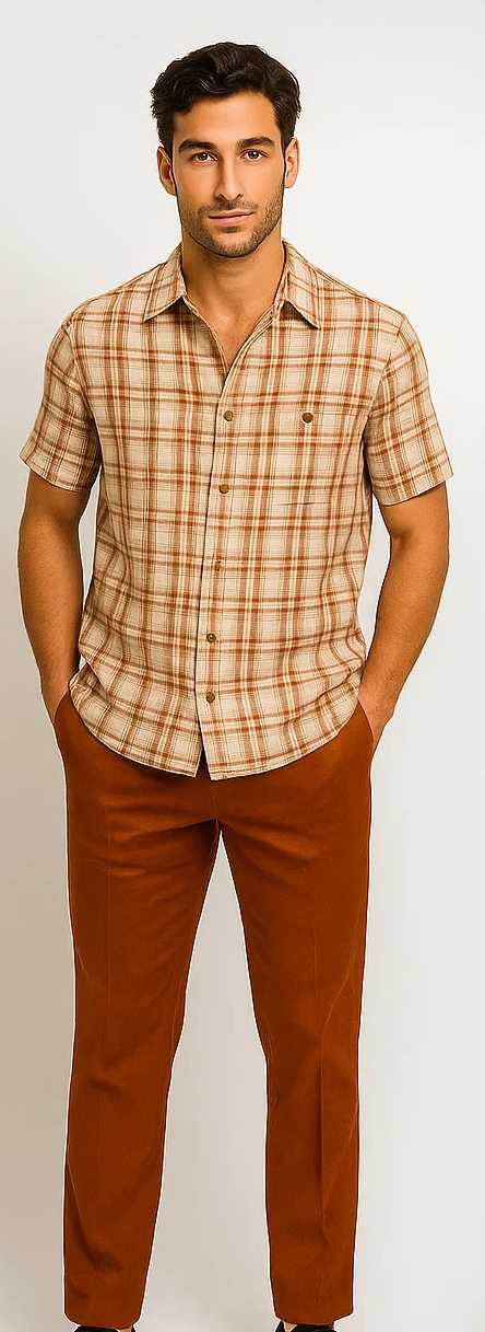 Mens Textured Plaid Walking Suit in papaya/cream by Dreams by Zacchi – 2 Piece Leisure Outfit with matching shirt and pant --$99