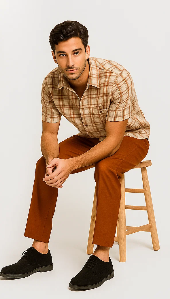 Mens Textured Plaid Walking Suit in papaya/cream by Dreams by Zacchi – 2 Piece Leisure Outfit with matching shirt and pant --$99