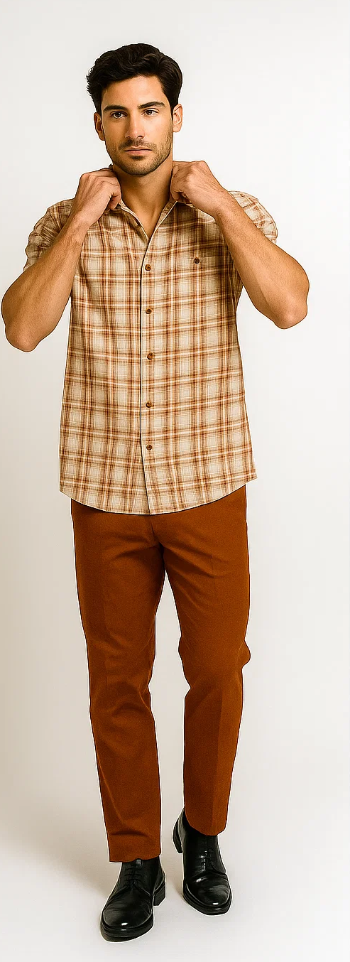 Mens Textured Plaid Walking Suit in papaya/cream by Dreams by Zacchi – 2 Piece Leisure Outfit with matching shirt and pant --$99