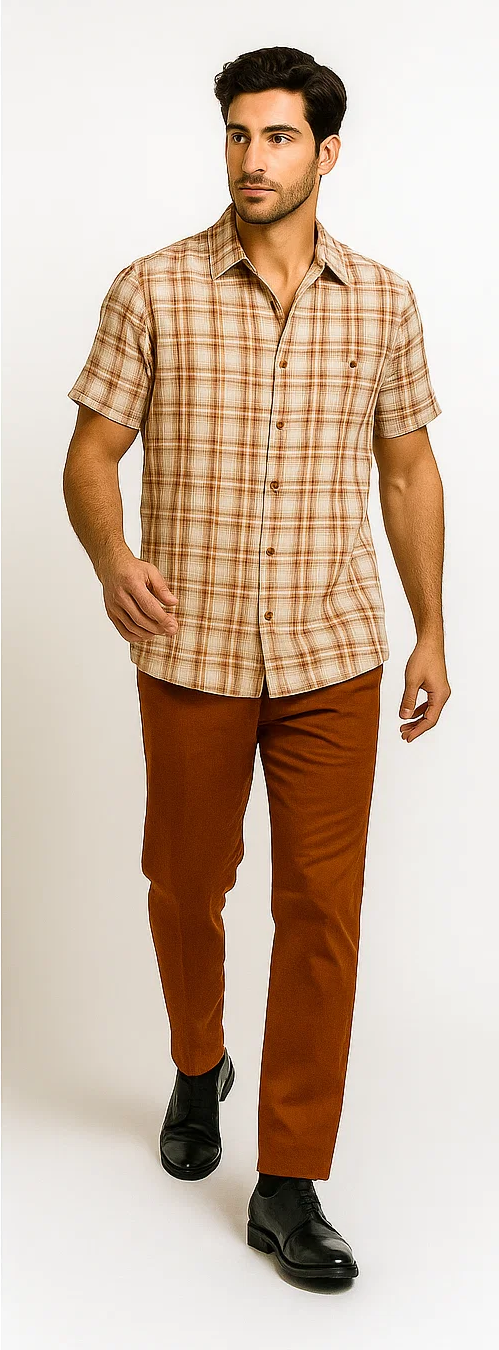 Mens Textured Plaid Walking Suit in papaya/cream by Dreams by Zacchi – 2 Piece Leisure Outfit with matching shirt and pant --$99