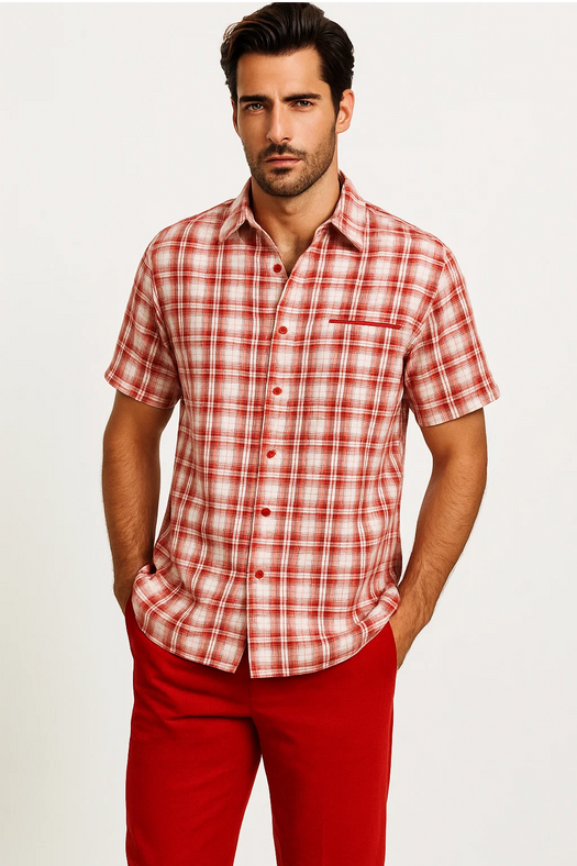Mens Textured Plaid Walking Suit in red/off white by Dreams by Zacchi – 2 Piece Leisure Outfit with matching shirt and pant --$99