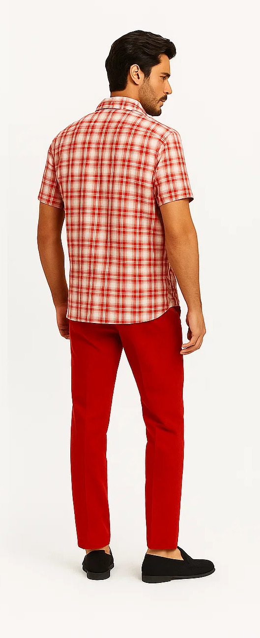 Mens Textured Plaid Walking Suit in red/off white by Dreams by Zacchi – 2 Piece Leisure Outfit with matching shirt and pant --$99