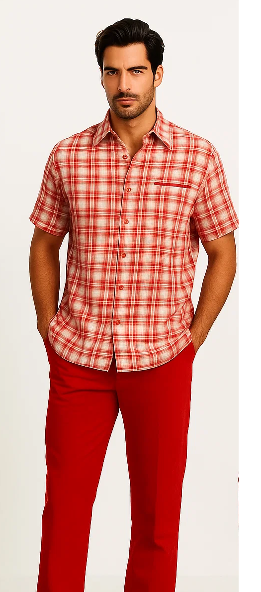 Mens Textured Plaid Walking Suit in red/off white by Dreams by Zacchi – 2 Piece Leisure Outfit with matching shirt and pant --$99