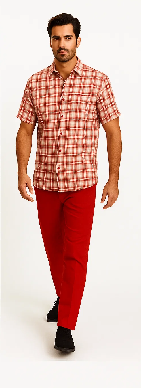 Mens Textured Plaid Walking Suit in red/off white by Dreams by Zacchi – 2 Piece Leisure Outfit with matching shirt and pant --$99