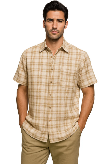 Mens Textured Plaid Walking Suit in tan/cream  by Dreams by Zacchi – 2 Piece Leisure Outfit with matching shirt and pant --$99