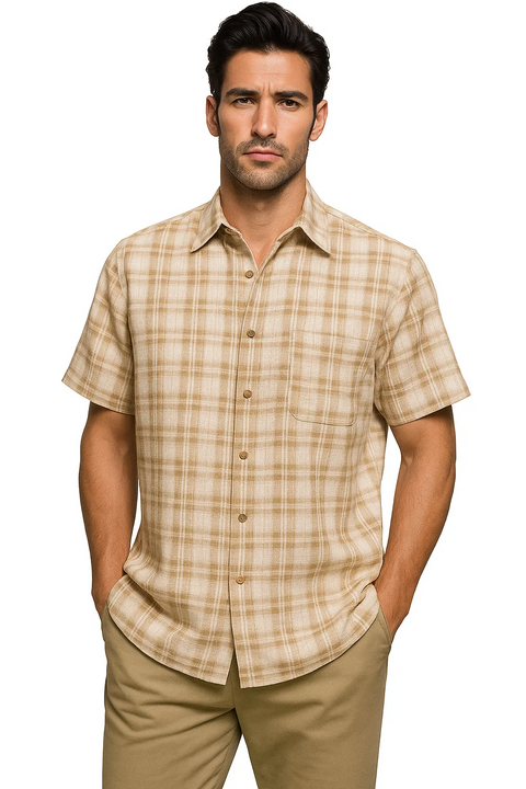 Mens Textured Plaid Walking Suit in tan/cream  by Dreams by Zacchi – 2 Piece Leisure Outfit with matching shirt and pant --$99