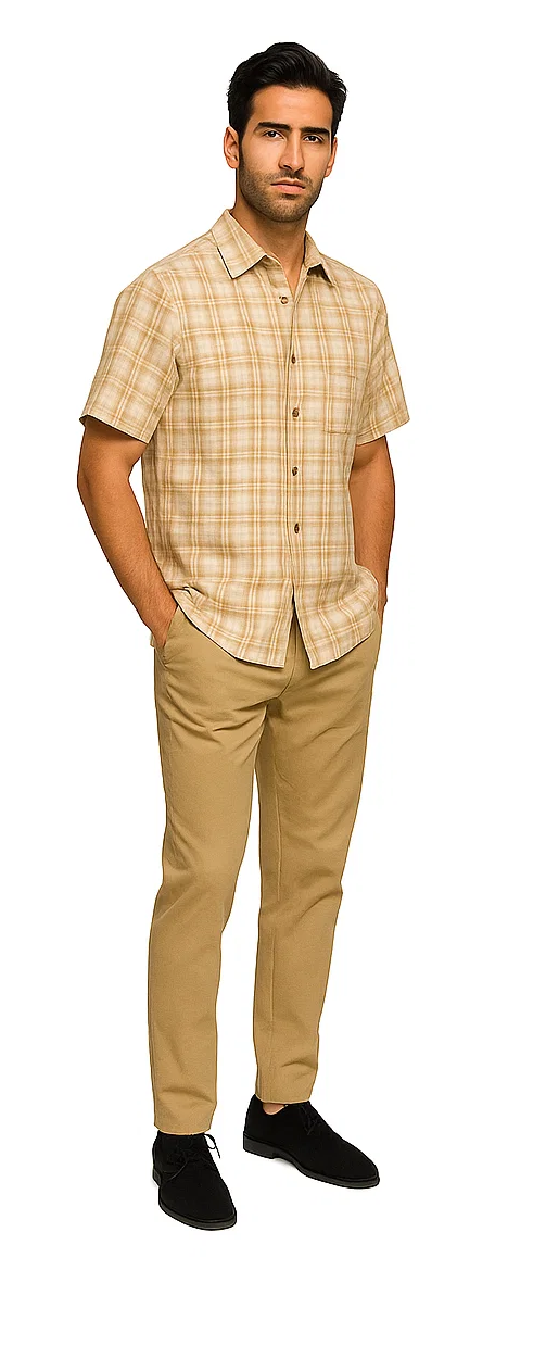 Mens Textured Plaid Walking Suit in tan/cream  by Dreams by Zacchi – 2 Piece Leisure Outfit with matching shirt and pant --$99