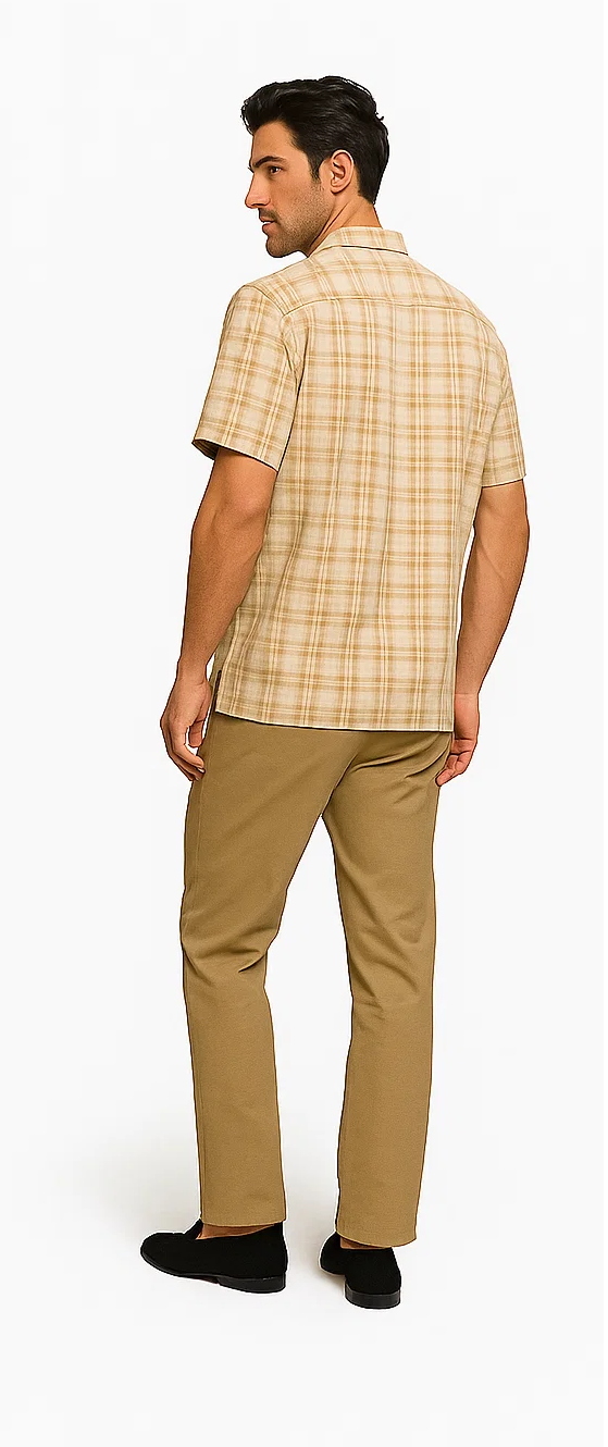 Mens Textured Plaid Walking Suit in tan/cream  by Dreams by Zacchi – 2 Piece Leisure Outfit with matching shirt and pant --$99