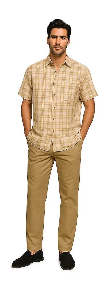 Mens Textured Plaid Walking Suit in tan/cream  by Dreams by Zacchi – 2 Piece Leisure Outfit with matching shirt and pant --$99
