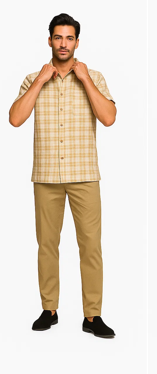 Mens Textured Plaid Walking Suit in tan/cream  by Dreams by Zacchi – 2 Piece Leisure Outfit with matching shirt and pant --$99