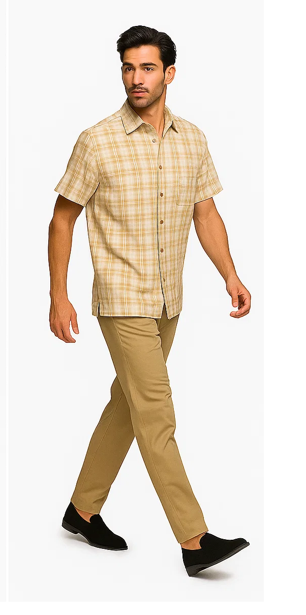 Mens Textured Plaid Walking Suit in tan/cream  by Dreams by Zacchi – 2 Piece Leisure Outfit with matching shirt and pant --$99