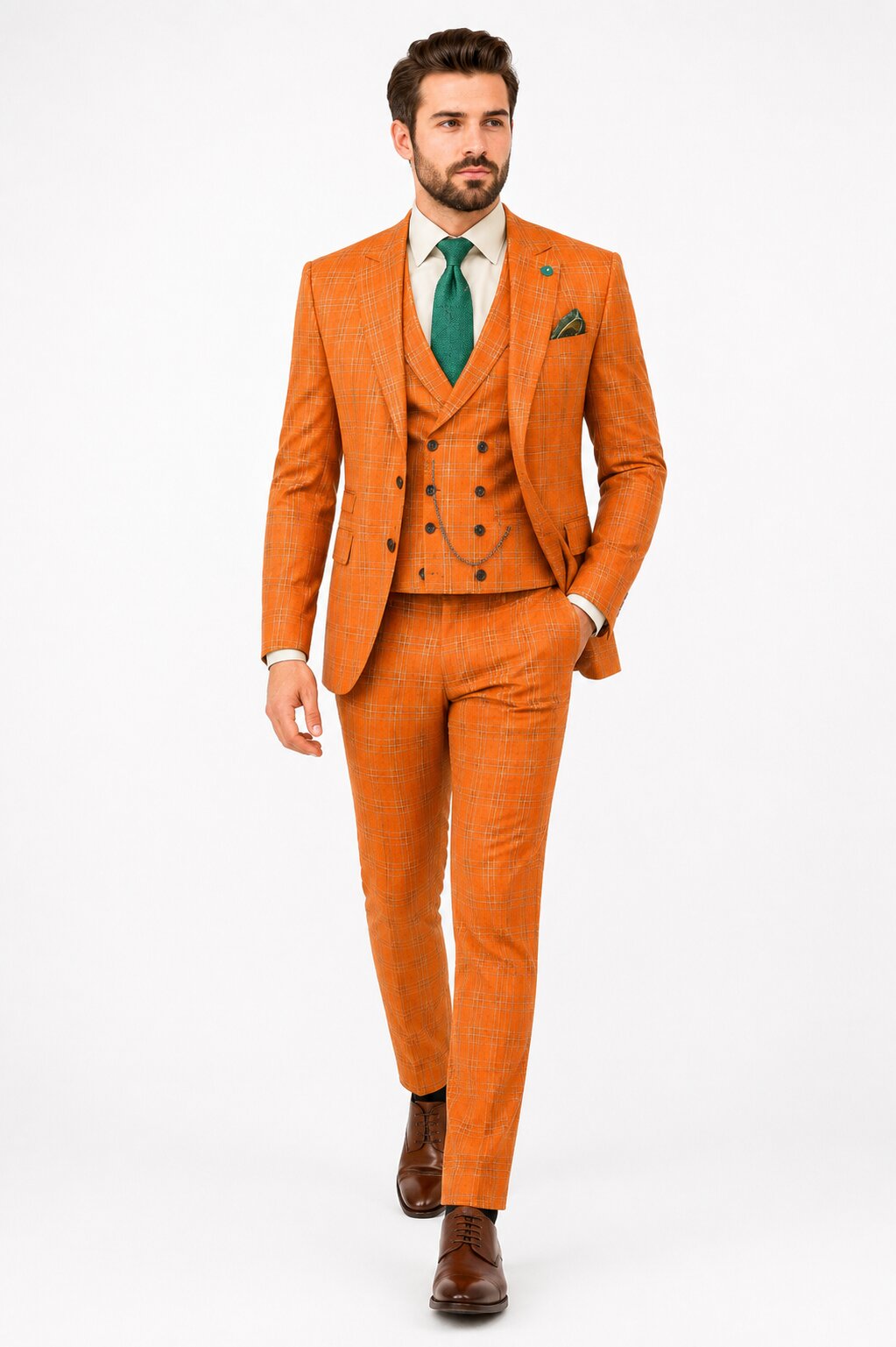 Premium Men’s Orange Plaid Suit with Vest – Wedding & Business