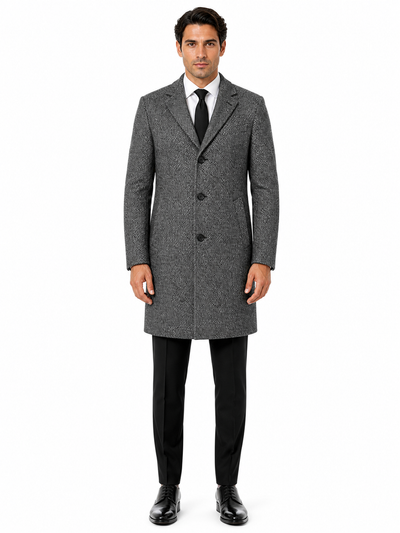 Mens Topcoat Mens Dress Coat Single Breaste Full Length Tweed Herringbone Gray Overcoat
