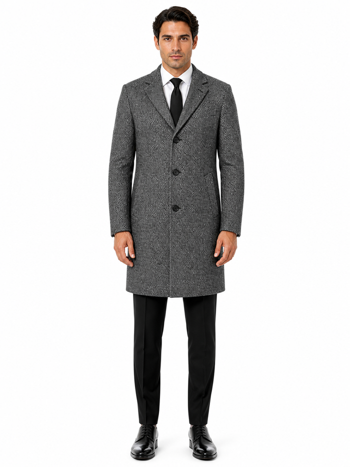 Mens Topcoat Mens Dress Coat Single Breaste Full Length Tweed Herringbone Gray Overcoat