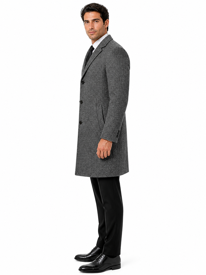 Mens Topcoat Mens Dress Coat Single Breaste Full Length Tweed Herringbone Gray Overcoat