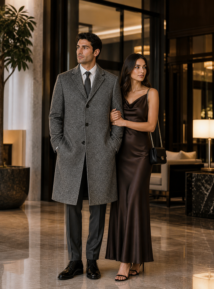 Mens Topcoat Mens Dress Coat Single Breaste Full Length Tweed Herringbone Gray Overcoat