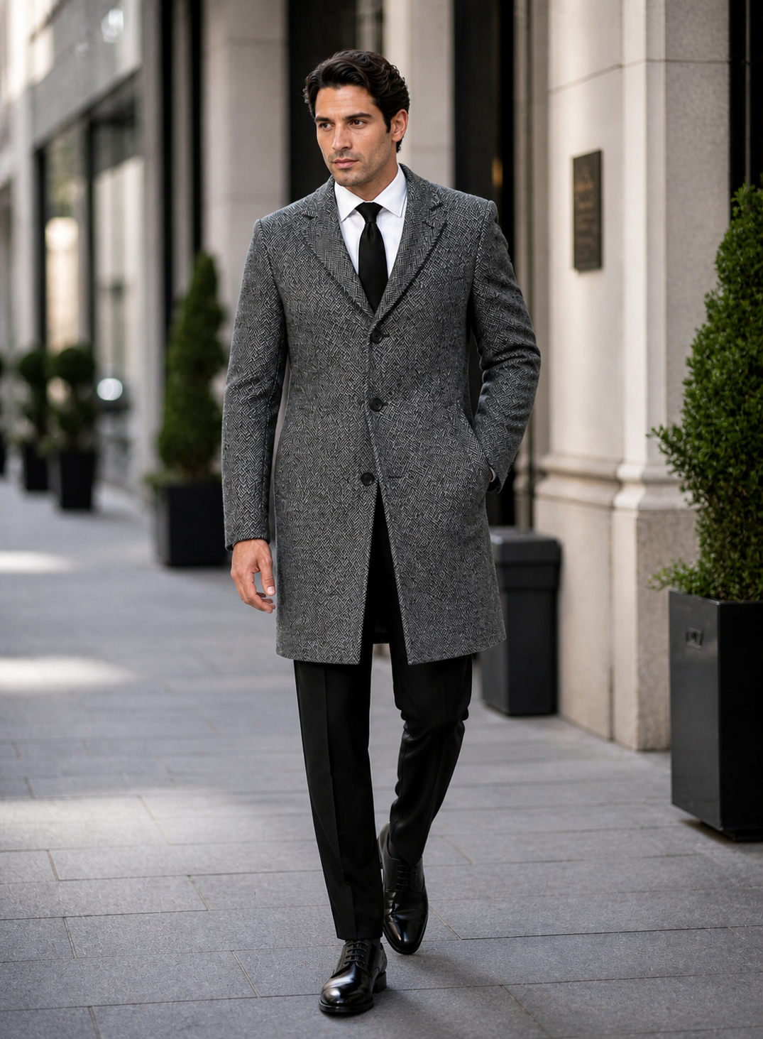 Mens Topcoat Mens Dress Coat Single Breaste Full Length Tweed Herringbone Gray Overcoat
