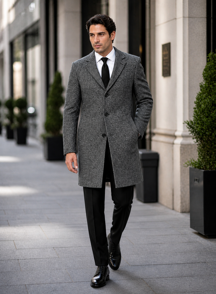 Mens Topcoat Mens Dress Coat Single Breaste Full Length Tweed Herringbone Gray Overcoat