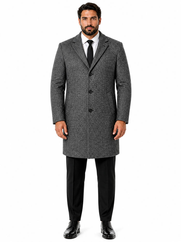 Mens Topcoat Mens Dress Coat Single Breaste Full Length Tweed Herringbone Gray Overcoat