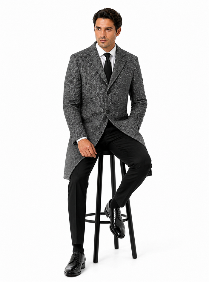 Mens Topcoat Mens Dress Coat Single Breaste Full Length Tweed Herringbone Gray Overcoat