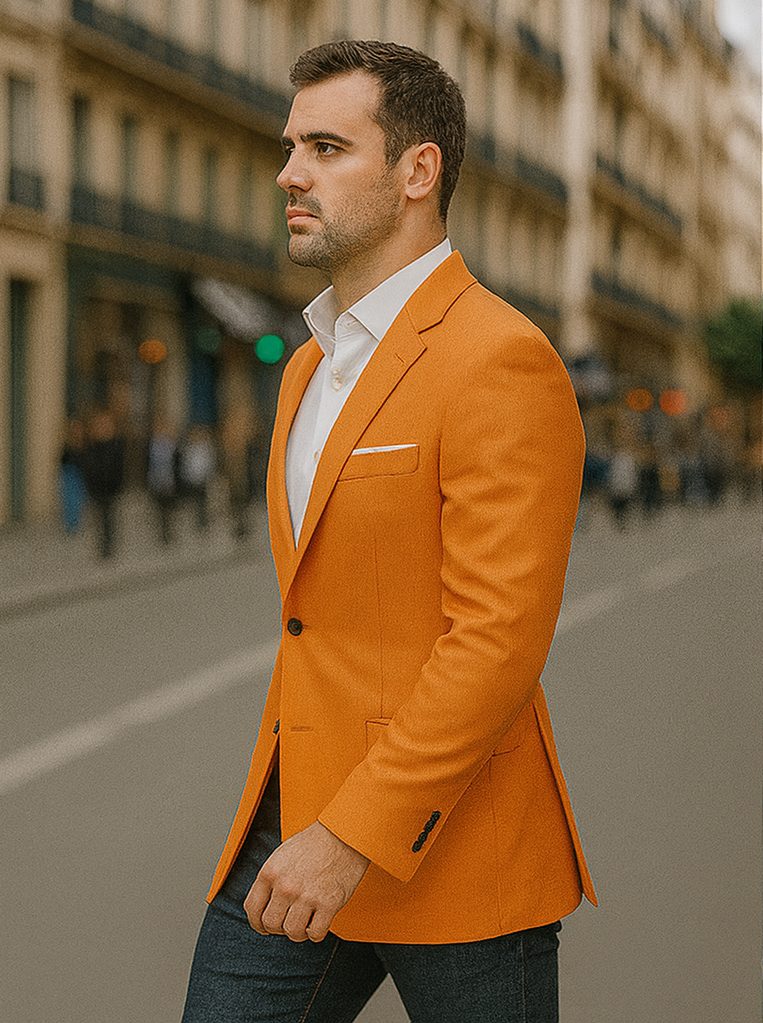 Mens Two Button Peak Label Summer Linen Blazer in Orange