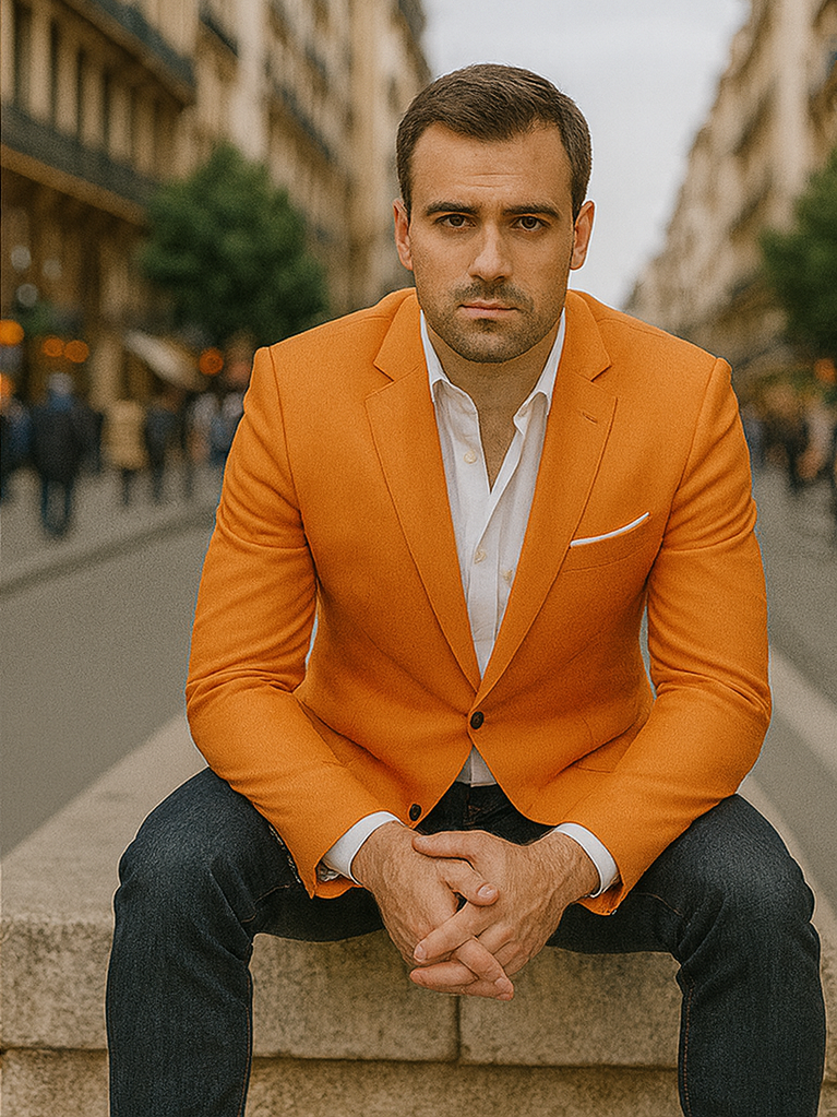 Mens Two Button Peak Label Summer Linen Blazer in Orange