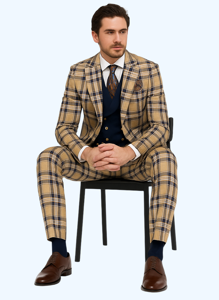 Men’s Two-Button Peak Lapel Suit in Brown & Blue – Modern Slim Fit