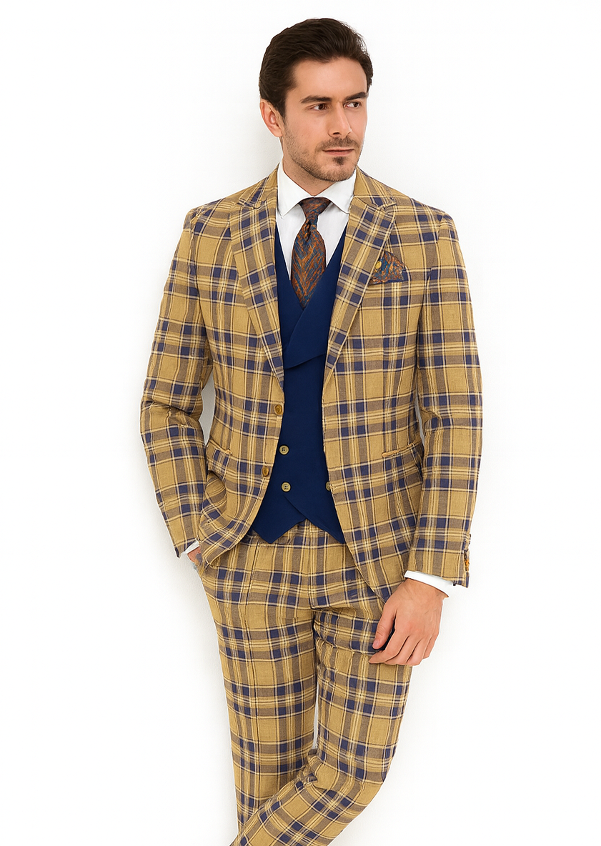 Men’s Two-Button Peak Lapel Suit in Brown & Blue – Modern Slim Fit