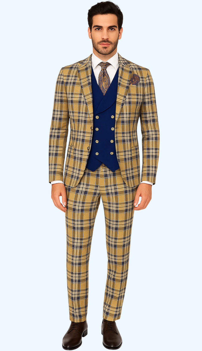 Men’s Two-Button Peak Lapel Suit in Brown & Blue – Modern Slim Fit
