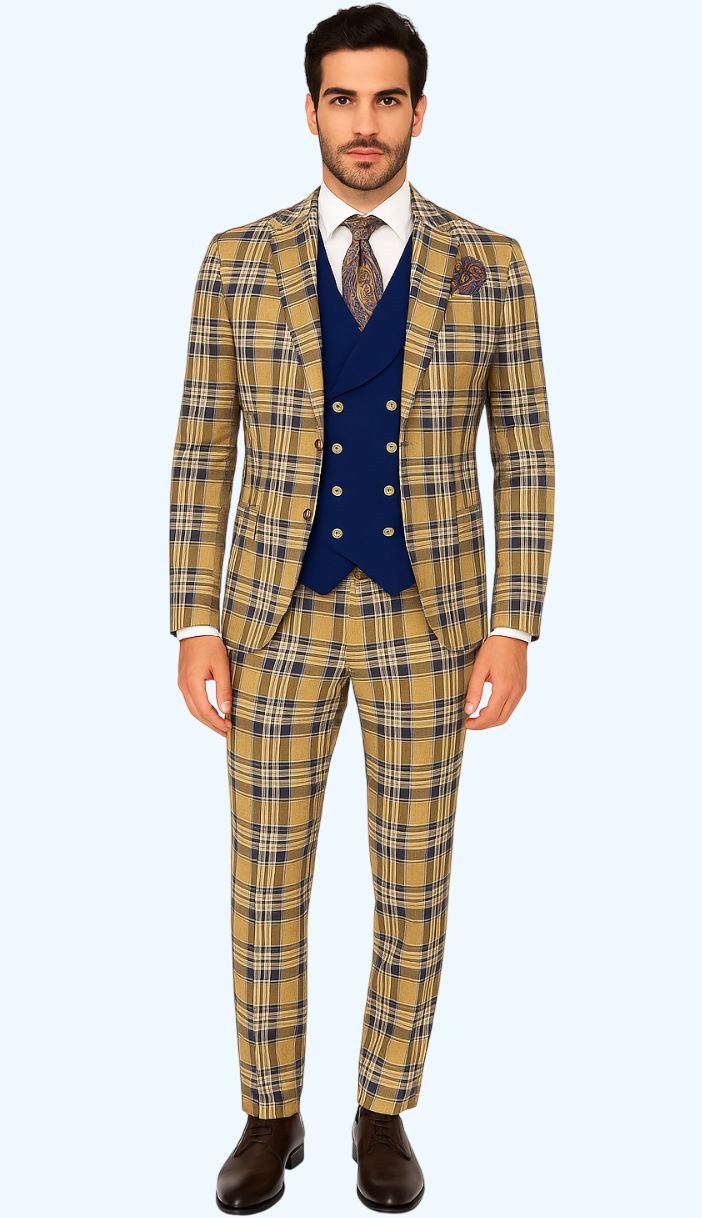 Men’s Two-Button Peak Lapel Suit in Brown & Blue – Modern Slim Fit