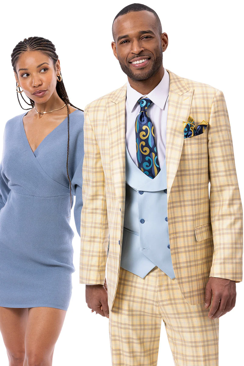 Marc Darcy Wedding Suits Men's Two Button Peak Lapel Suit in Tan Windowpane Plaid with Blue Double Breasted Vest