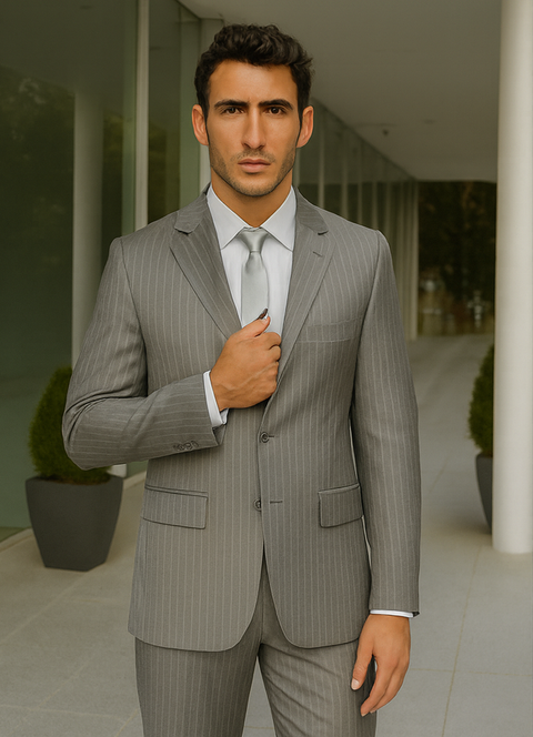 Men's Two Buttons Light Grey Stripe ~ Pinstripe Suit No Pleated Pants Side Vent Regular fit