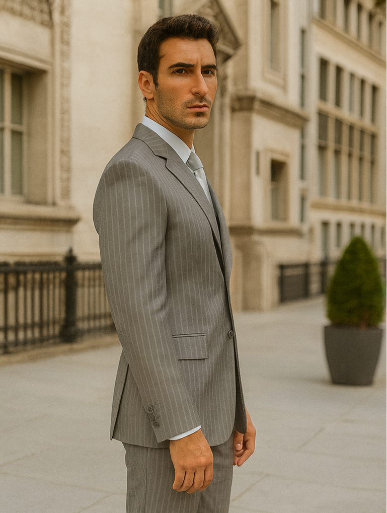 Men's Two Buttons Light Grey Stripe ~ Pinstripe Suit No Pleated Pants Side Vent Regular fit