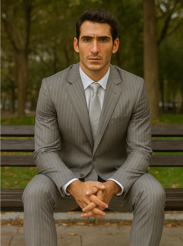 Men's Two Buttons Light Grey Stripe ~ Pinstripe Suit No Pleated Pants Side Vent Regular fit